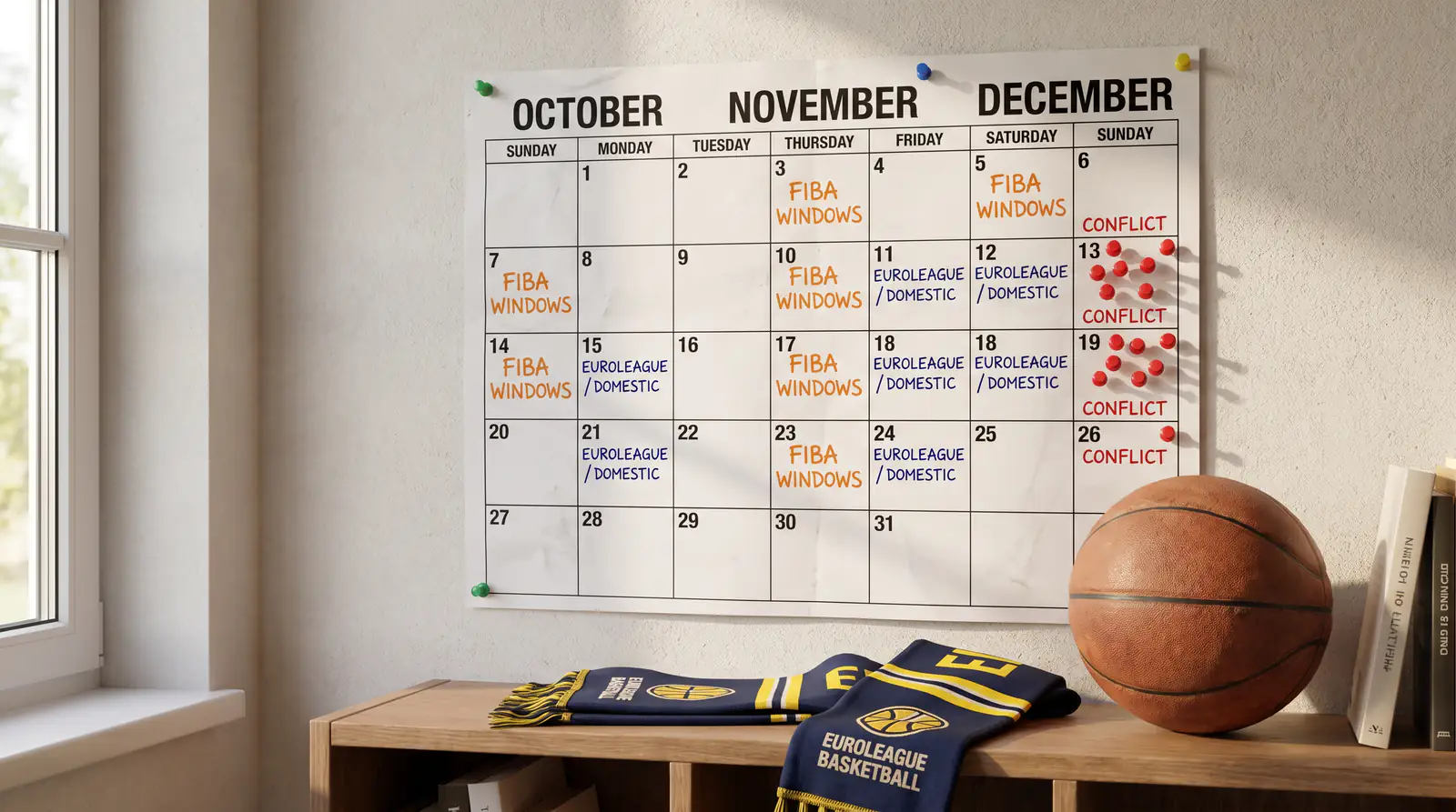 Calendario de ventanas clasificatorias FIBA mostrando impacto en ligas europeas de clubes